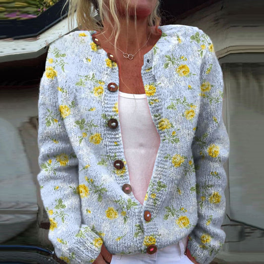 Lovely Flower Art Print Buttoned Cardigan Sweater elevenforest