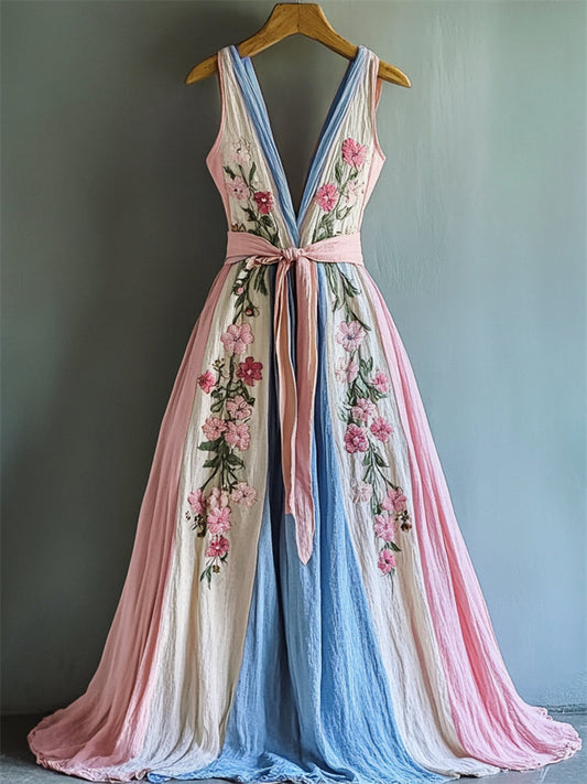 Floral Embroidered Transgender Colorblock Linen Maxi Dress artswardrobe