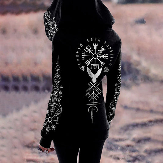 Comstylish Tribal Retro Viking Birds Ethnic Graphics Print Zipper Hoodie