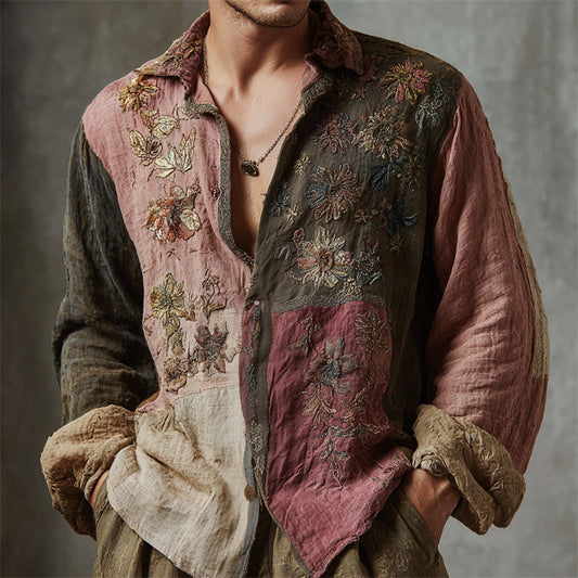 Men's Vintage Boho Floral Embroidered Colorblock Linen Shirt artswardrobe