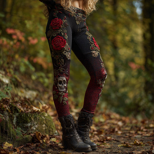 Women's Vintage Skull And Rose Pattern Comfortable Leggings artswardrobe