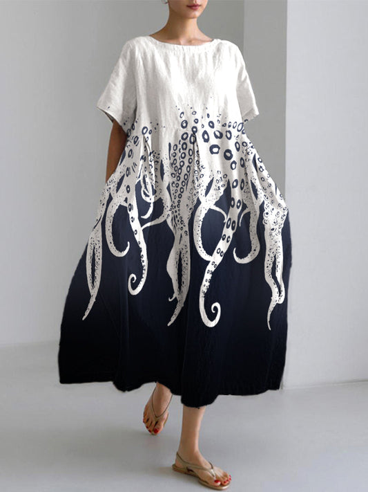 Comstylish Women's Casual Japanese Art Ocean Octopus Print Dress