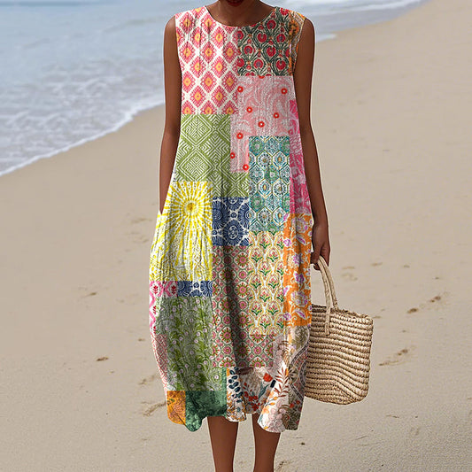 Vintage Loose Vintage Elegant Floral Patchwork Art Linen Tank Dress artswardrobe