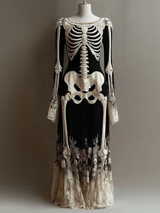 Comstylish Classy Skeleton Roses Lace Patchwork Flowy Maxi Dress