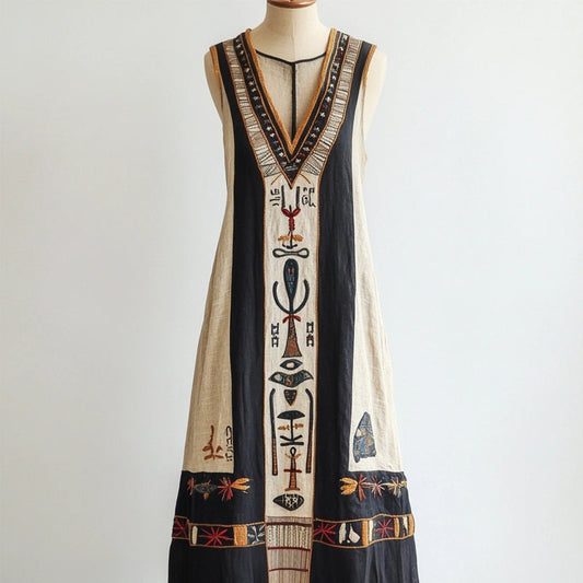 Egyptian Elements Inspired Contrast Linen Maxi Dress artswardrobe