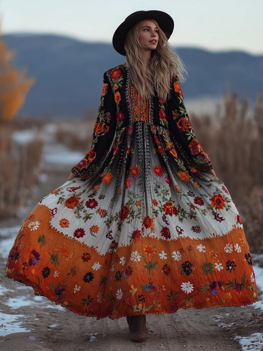 Comstylish Mexican Flowers Embroidered Gradient Flowy Linen Maxi Dress