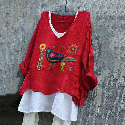 Comstylish Women's Flower And Bird Embroidery Art Linen V-neck Shirt