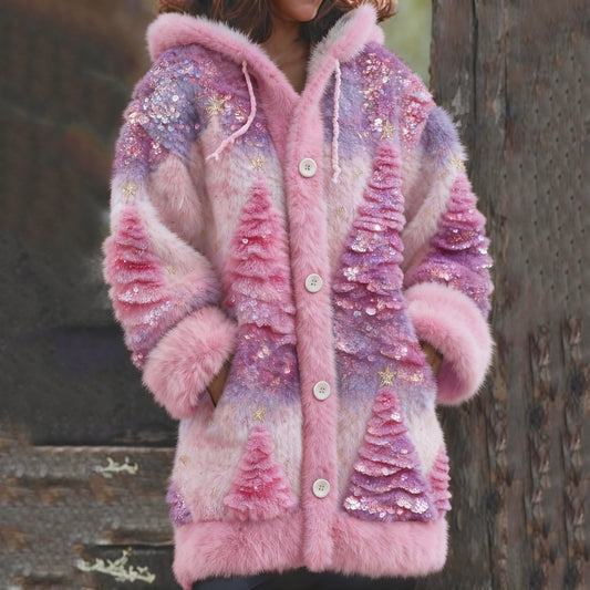 Colorful Sequined Christmas Tree Plush Hooded Cardigan