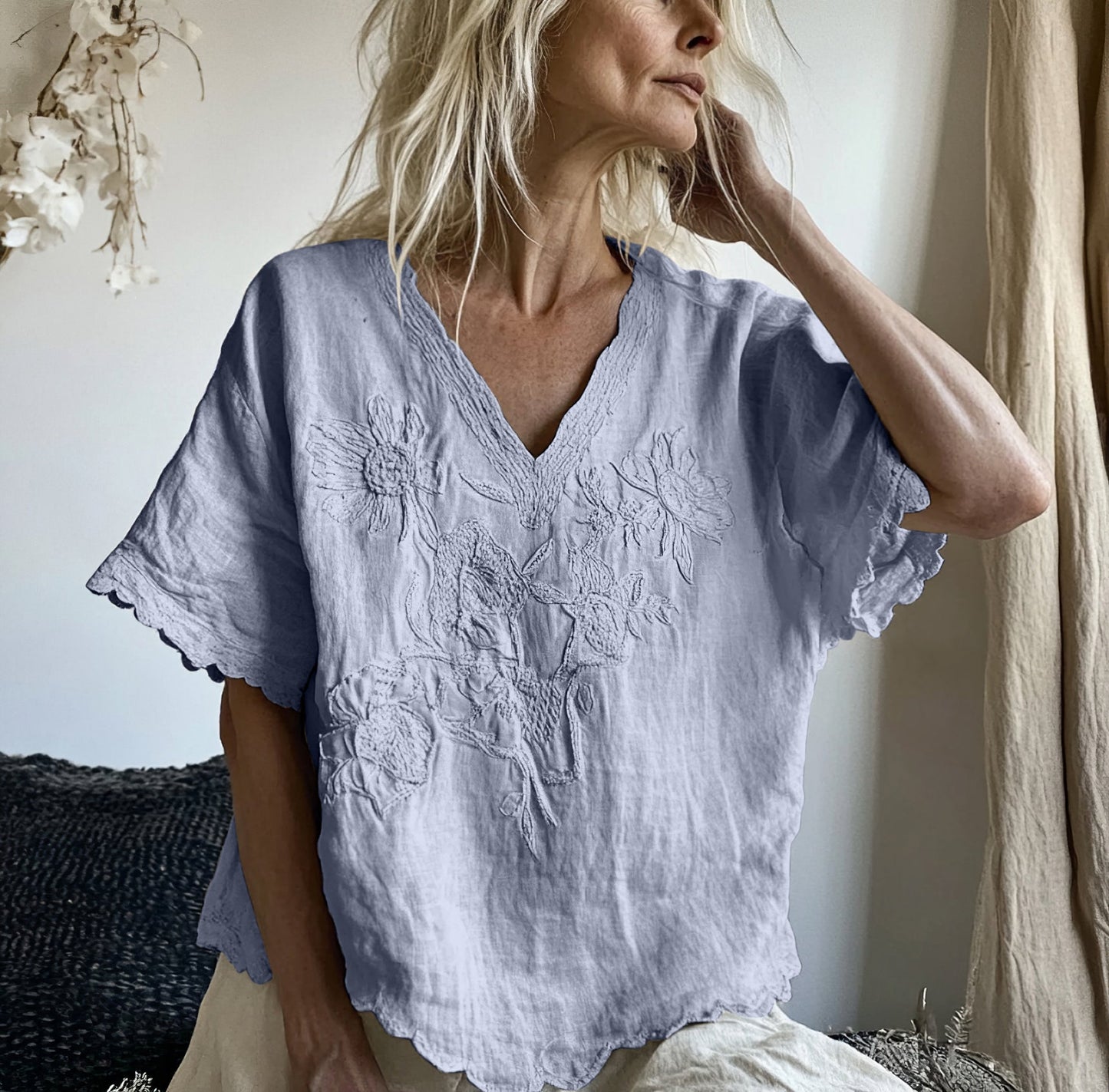 Comstylish Vintage Floral Art Cotton Linen Comfy Shirt