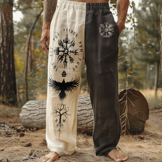 Vintage Viking Art Linen Contrasting Colors Loose Wide-leg Pants artswardrobe
