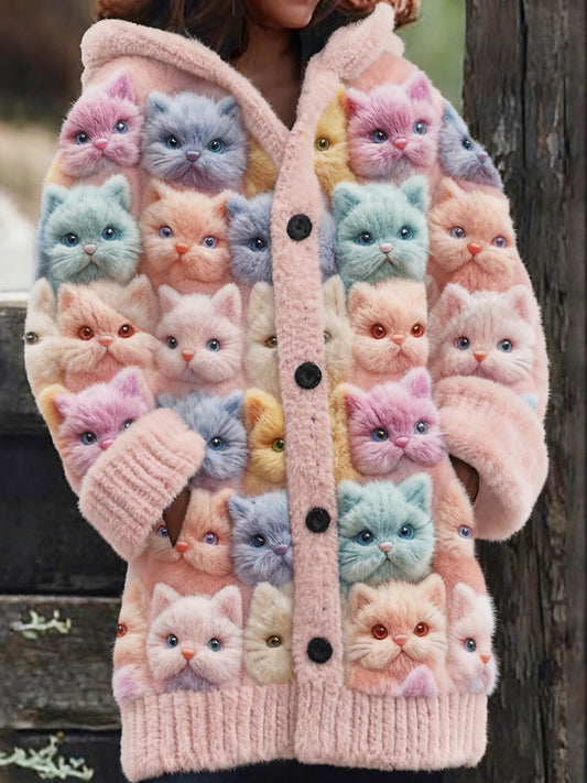 Comstylish Cute Cozy Pastel Cats Art Cozy Knit Hooded Cardigan
