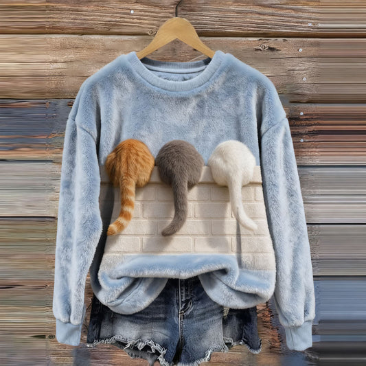 Comstylish Cute Lazy Cats Round Neck Cozy Flannel Sweatshirt