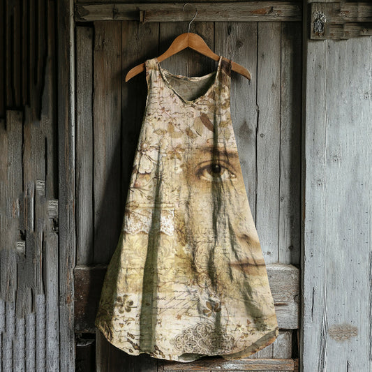 Vintage Flower Face Art Linen Blend Tank Midi Dress artswardrobe