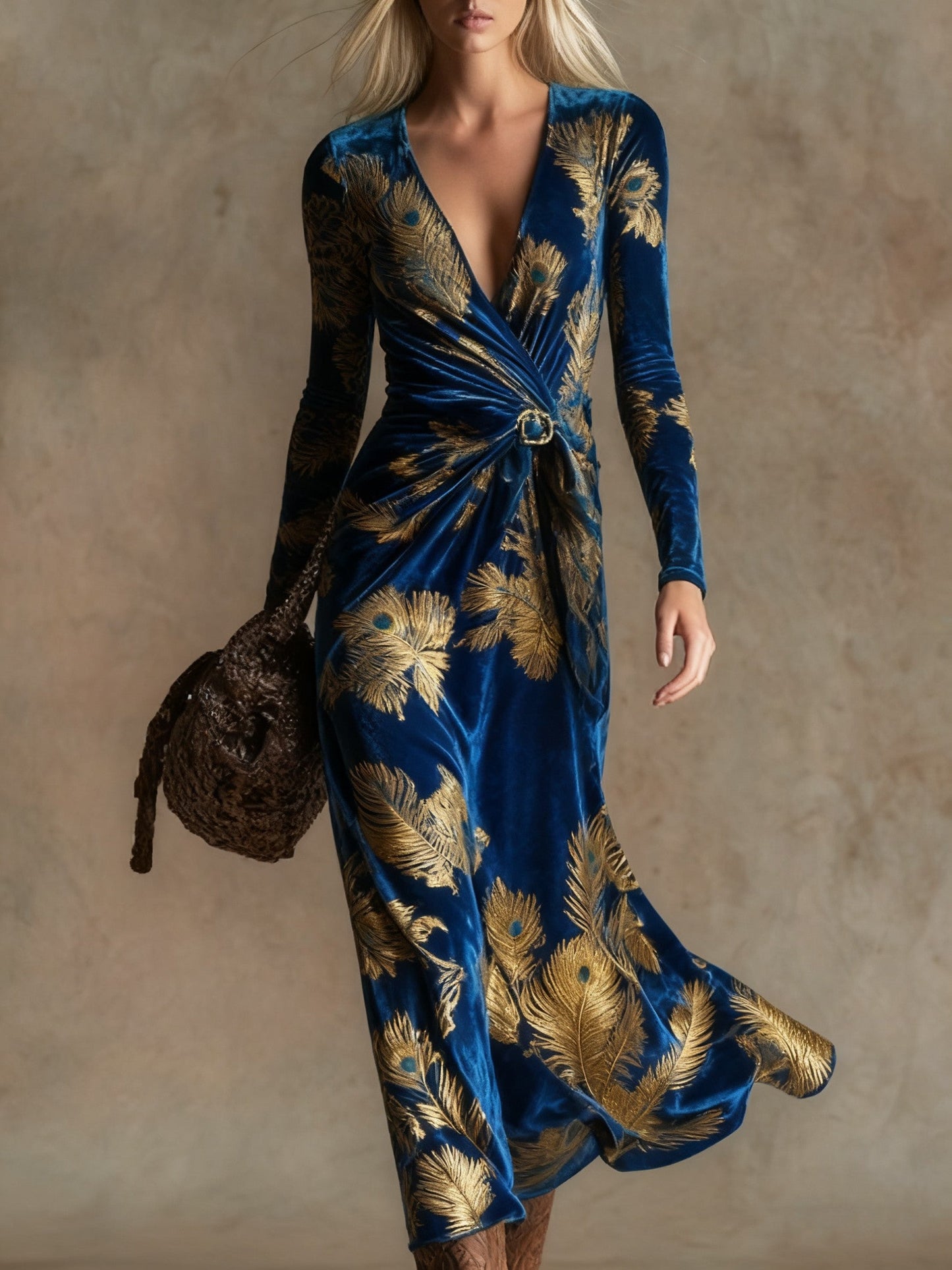 Elegant vintage print V-neck velvet maxi dress