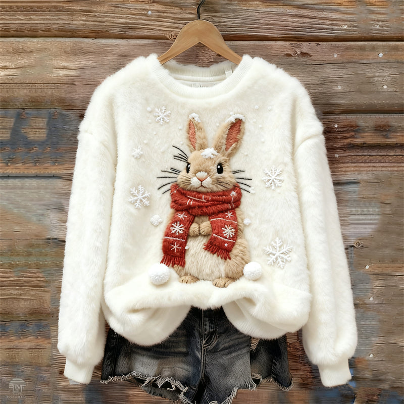 Lovely Bunny With Scarf Snowflakes Cozy Plush Sweatshirt