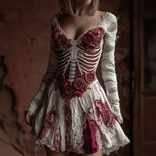 Comstylish Halloween Bloody Red Roses Skeleton Flowy Linen Mini Dress