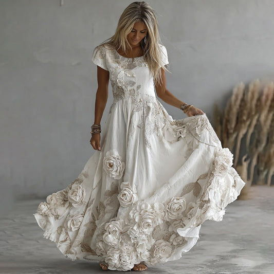 Comstylish Women's Vintage White Rose Embroidery Art Round Neck Short Sleeve Maxi Dress