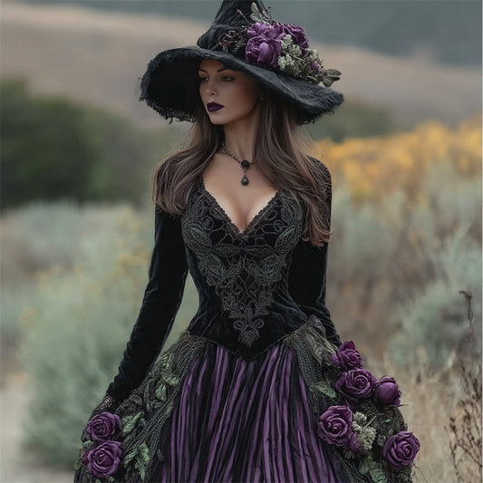 Comstylish Halloween Vintage Roses Fiber Art Witch Velvet Maxi Dress