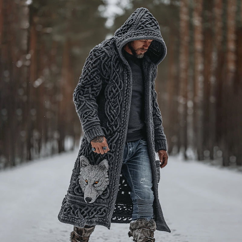 Men's Viking Style Celtic Knot Wolf Head Mid-length Cardigan artswardrobe