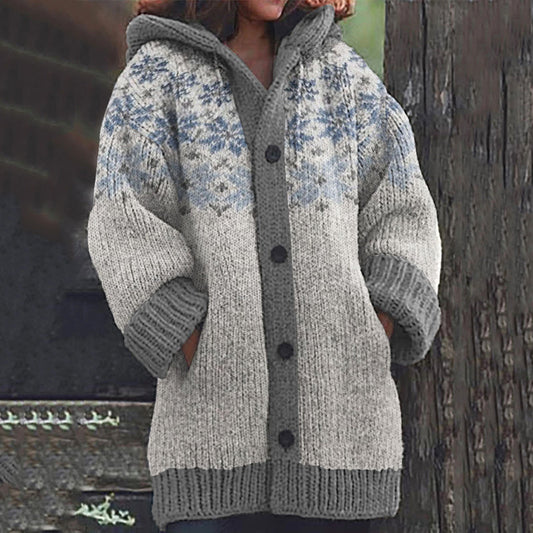 Rib Knit Double Lettlopi And Star Pattern Print Hooded Sweater Cardigan elevenforest