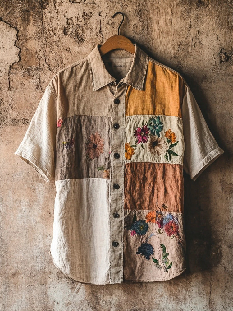 Boho Floral Colorblocking Men's Linen Short Sleeve Shirt artswardrobe