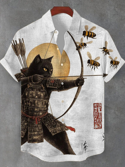 Men's Black Cat Tribal Warrior Japanese Kyudo Print Short Sleeve Shirt elevenforest