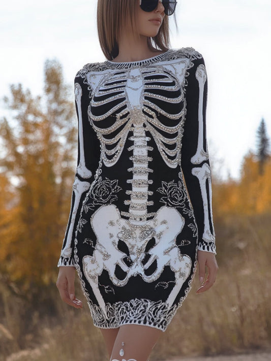 Comstylish Women's Ancient Halloween Anatomy Art And Rose Knitted Round Neck Dress