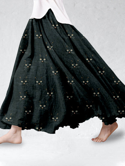 Cute Cat Face Pattern Linen Blend Flowy Wide Skirt elevenforest