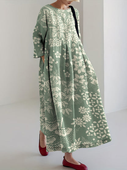 Comstylish Vintage Japanese Art Flower Print Casual Midi Dress