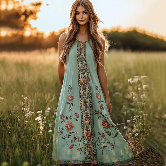 Retro Bohemian Floral Art Linen Comfy Tank Dress artswardrobe