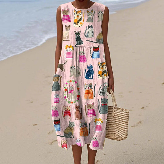 Women's Cute Cat Art Print Linen Dress artswardrobe