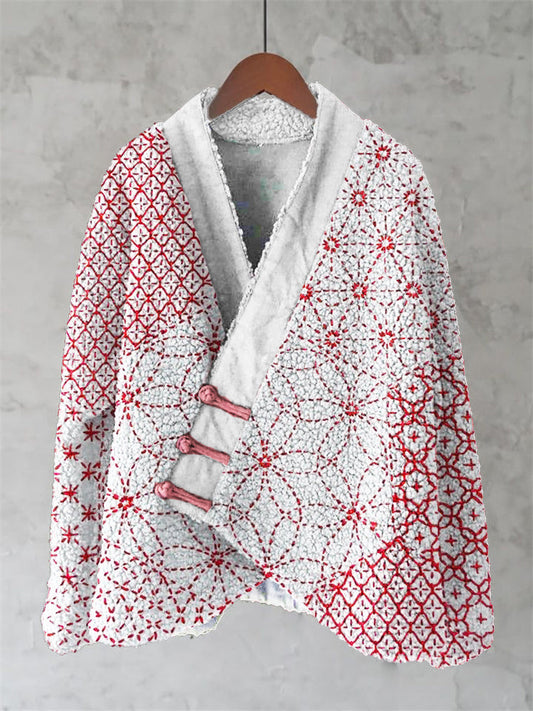 Comstylish Japanese Geometric Stitch Floral Pattern Women's Kimono