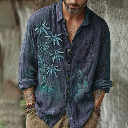 Men's Vintage Japanese Bamboo Embroidery Art Long Sleeve Linen Blend Shirt artswardrobe