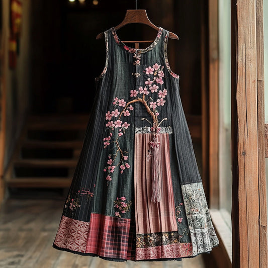 Comstylish Women's Cherry Blossom Embroidery Patchwork Art Linen Tank Dress