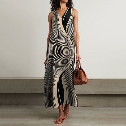 Women's Vintage Abstract Stripes Art Sleeveless Dress artswardrobe