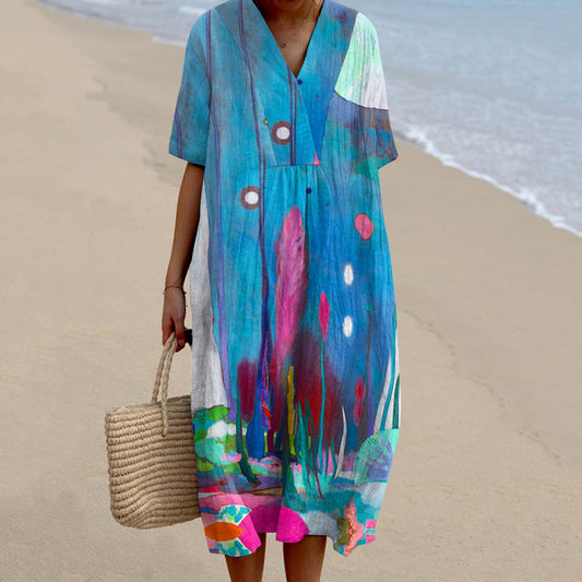 Comstylish Abstract Floral V-Neck Dress