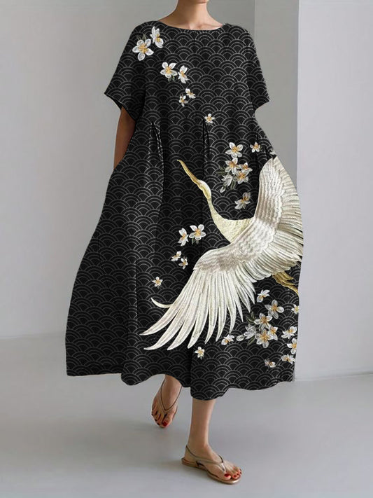Comstylish Crane & Flowers Embroidered Sea Waves Japanese Linen Blend Maxi Dress