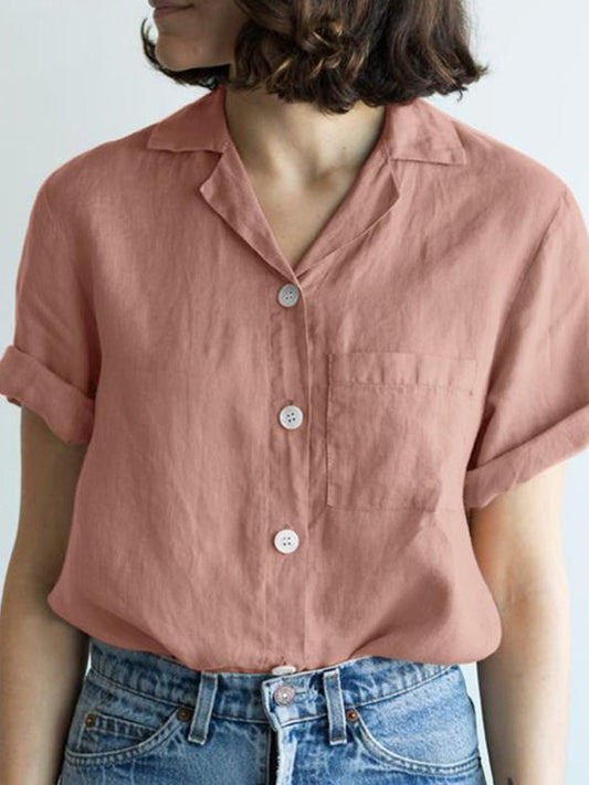 Comstylish Solid Color Pocket Linen Blend Short Sleeve Shirt