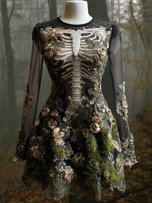 Comstylish Women's Halloween Skull Flowers Moss Witch Midi Dress