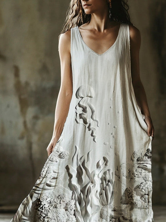 Boho Underwater Creatures Embossed Art Women's V-neck Vest Dress artswardrobe
