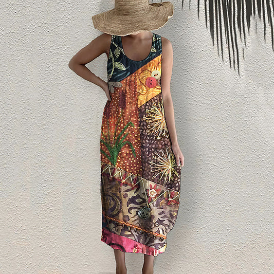 Vintage Bohemian Geometric Art Linen Blend Dress artswardrobe