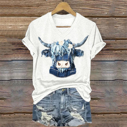 Vintage Highland Cow With Roses Denim Art T Shirt artswardrobe