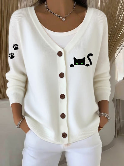 Women's Cute Cat Print Casual Knitted Cardigan elevenforest
