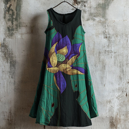 Comstylish Vintage Lotus Japanese Art Linen Tank Dress