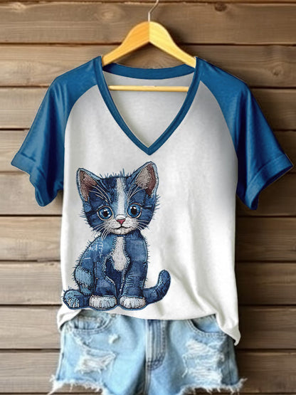 Women's Retro Funny Denim Patch Animal Cat Print Raglan Short Sleeve T-shirt elevenforest
