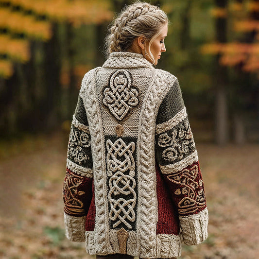 Women's Classic Celtic Knot Jacquard Contrast Lapel Cardigan artswardrobe