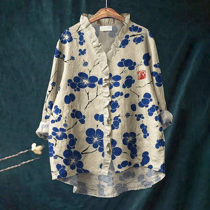 Comstylish Cherry Blossom Japanese Lino Art Ruffle Trim Linen Blouse