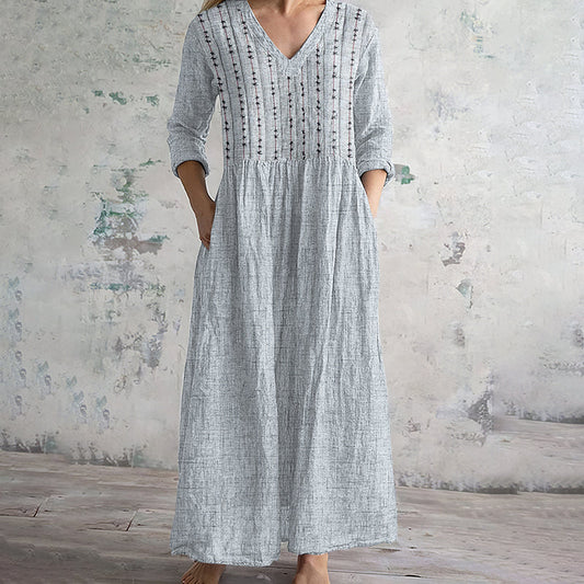 Comstylish Vintage Embroidered Art Women's Linen Dress