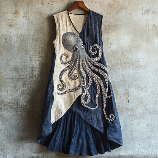 Comstylish Vintage Ocean Octopus Patchwork Art Linen Blend Tank Dress