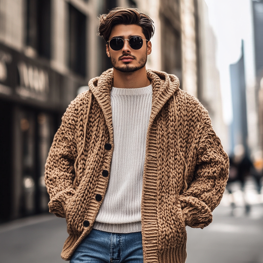 Vintage Chunky Knit Jacquard Cropped Hooded Cardigan artswardrobe